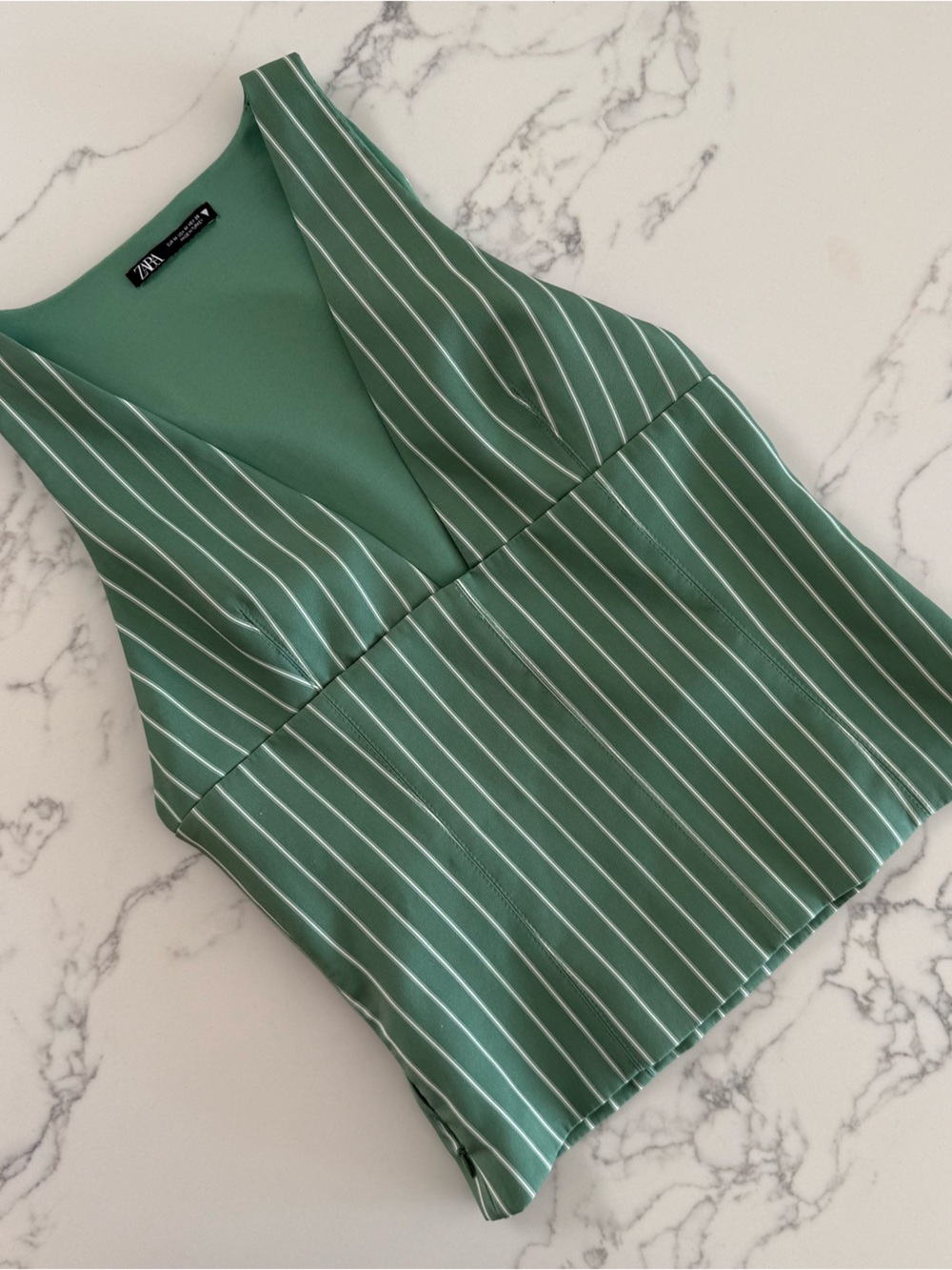 Zara Striped Low Cut Sleeveless Vest Top - Green / White - Size Medium - Picture 2 of 12